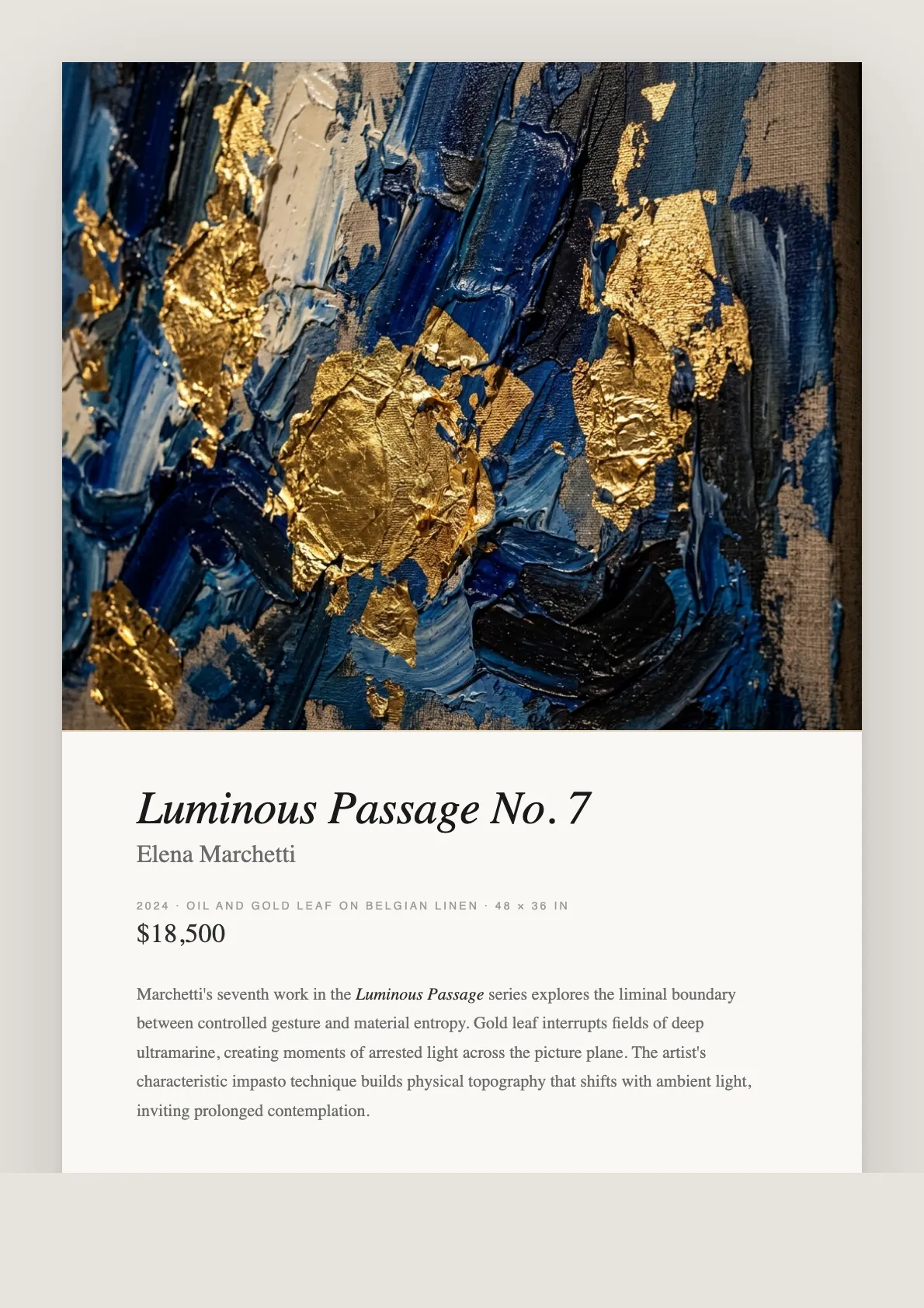 Gallery brochure sample — Luminous Passage No. 7 by Elena Marchetti