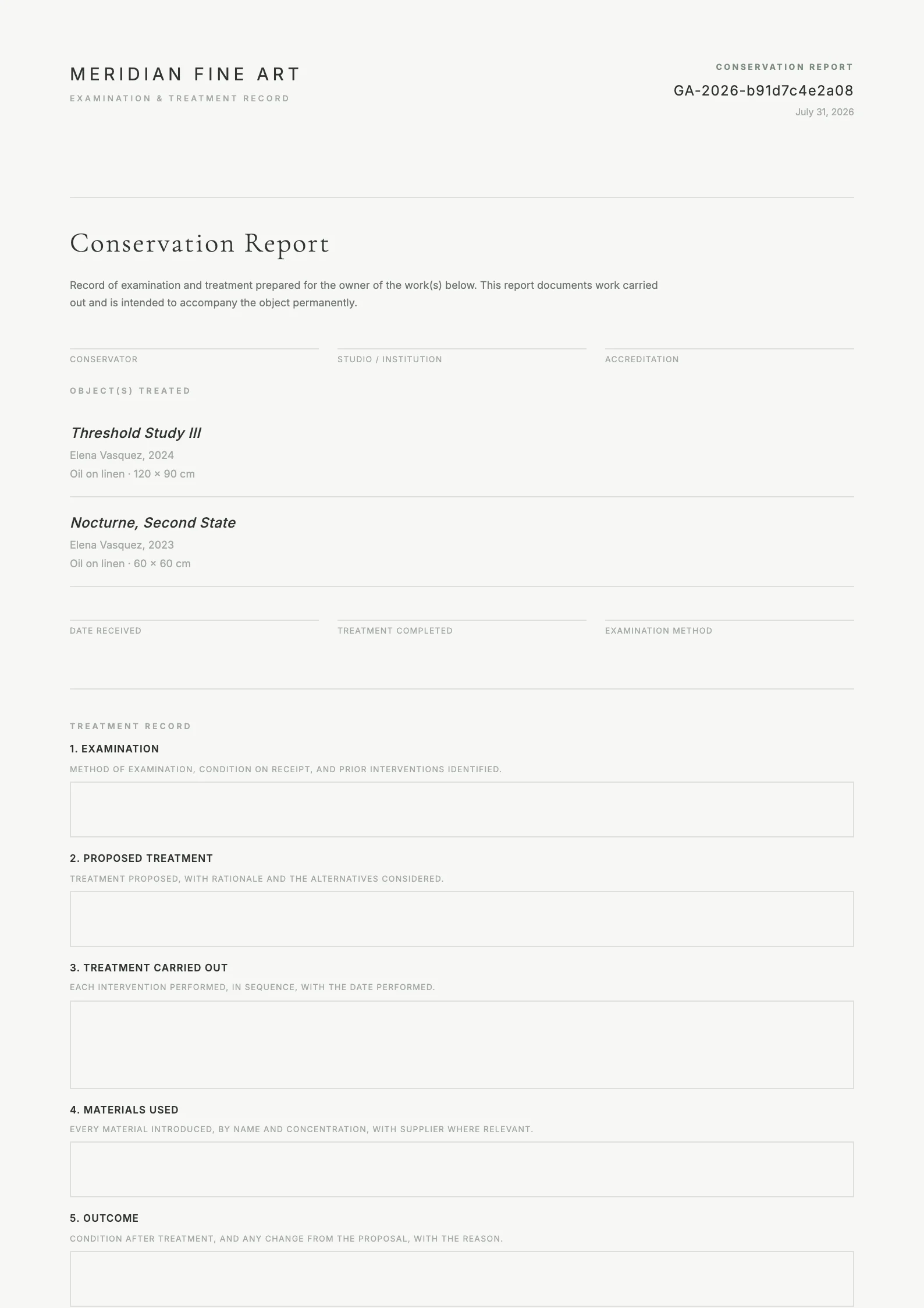 Conservation Report sample — six ruled treatment sections