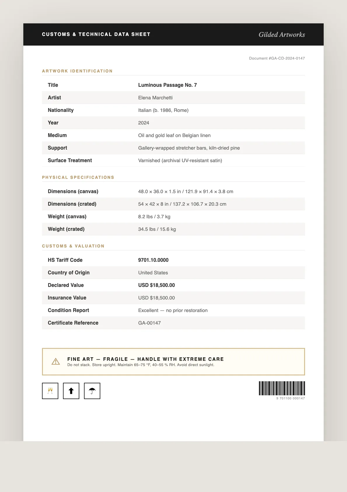 Customs & Technical Data Sheet sample — Gilded Artworks