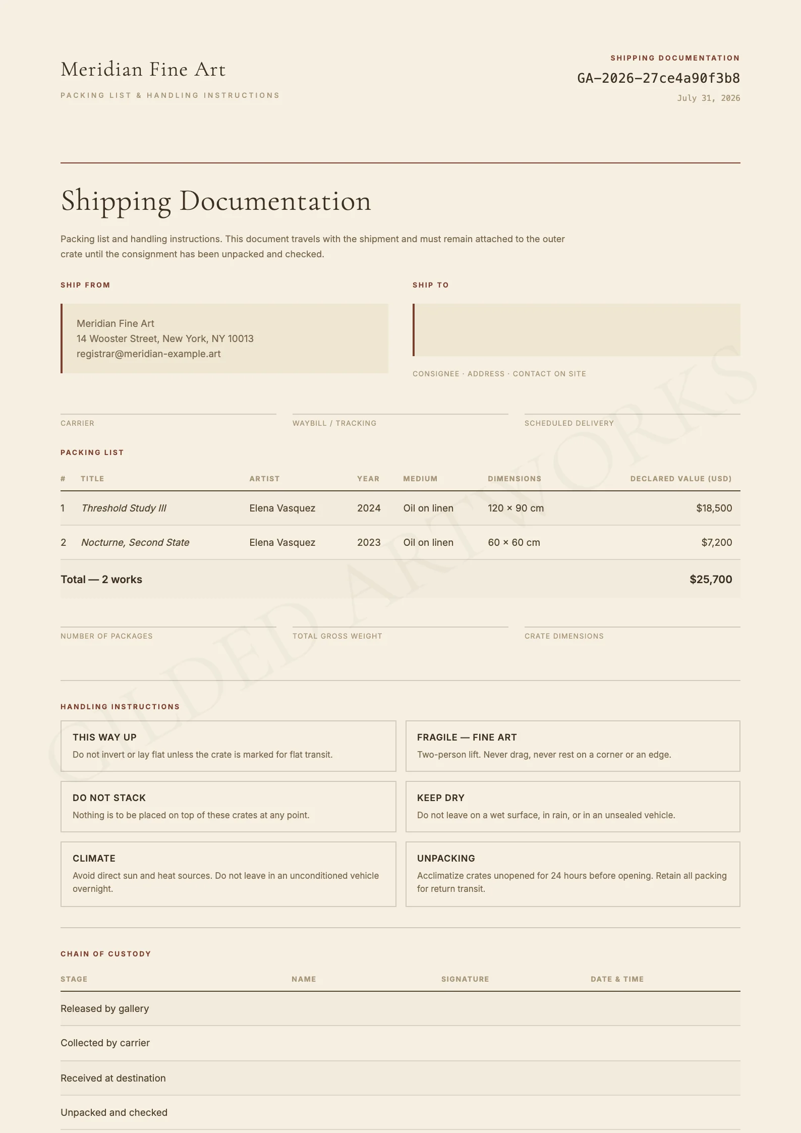Shipping Documentation sample — packing list, handling instructions and custody grid